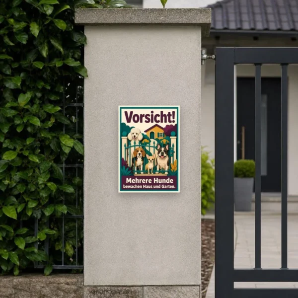 KI-generiertes Anwendungsbeispiel: Hundeschild „Vorsicht! Mehrere Hunde bewachen Haus und Garten.“ an heller Wand.