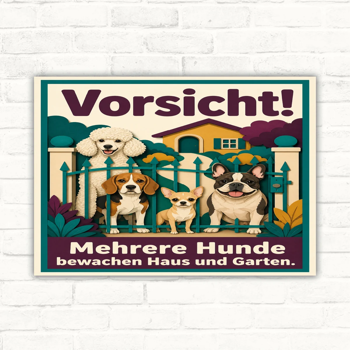 Hundeschild mit Text „Vorsicht! Mehrere Hunde bewachen Haus und Garten.“ und vier Hunden hinter einem Zaun.
