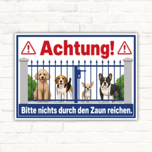 Hundeschild Achtung bitte nichts durch den Zaun reichen mit gut lesbarem Motiv und klarer Beschriftung als bedrucktes Schild aus Aluminium-Verbundplatte.