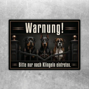 Aufkleber mit drei Hunden hinter Tor und Text Warnung, bitte nur nach Klingeln eintreten, im Querformat.