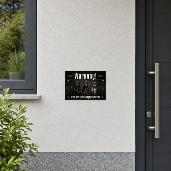KI-generiertes Anwendungsbeispiel: Hundeaufkleber mit drei Hunden und Klingelhinweis an grauer Wand im Querformat.