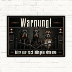Hundeschild „Warnung! Bitte nur nach Klingeln eintreten“ mit drei Hunden mit gut lesbarem Motiv und klarer Beschriftung als bedrucktes Schild aus Aluminium-Verbundplatte.