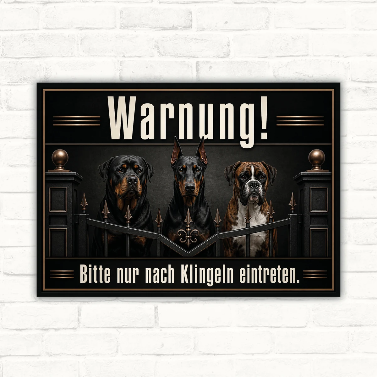 Hundeschild „Warnung! Bitte nur nach Klingeln eintreten“ mit drei Hunden mit gut lesbarem Motiv und klarer Beschriftung als bedrucktes Schild aus Aluminium-Verbundplatte.