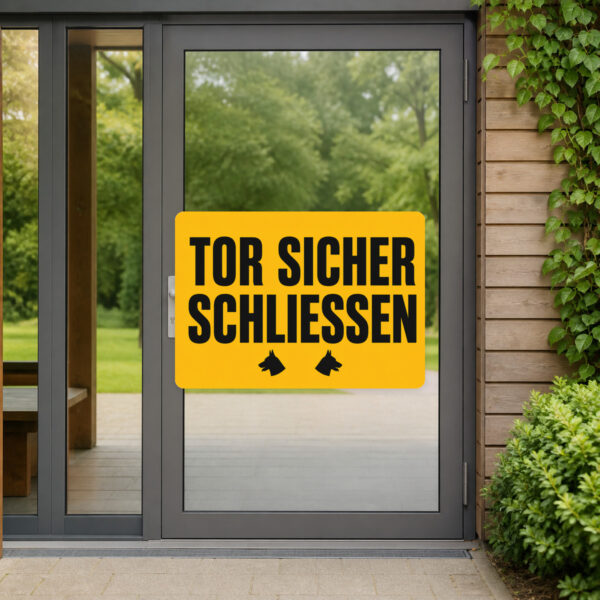 KI-generiertes Anwendungsbeispiel: Hundeaufkleber Vorsicht Tor bitte immer sicher schließen auf grauem Hintergrund.