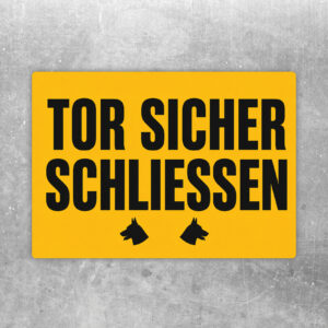 Querformat-Aufkleber mit Hunden hinter Tor, Text Vorsicht und Tor bitte immer sicher schließen in Türkis und Orange.