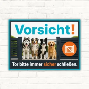 Hundeschild im Querformat mit Text „Vorsicht! Tor bitte immer sicher schließen“ und mehreren Hunden hinter einem Tor.