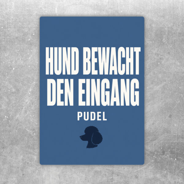 Vorsicht Hund bewacht den Eingang Aufkleber mit Pudelmotiv in Creme, Schwarz, Blau und Grau für Tür oder Tor.