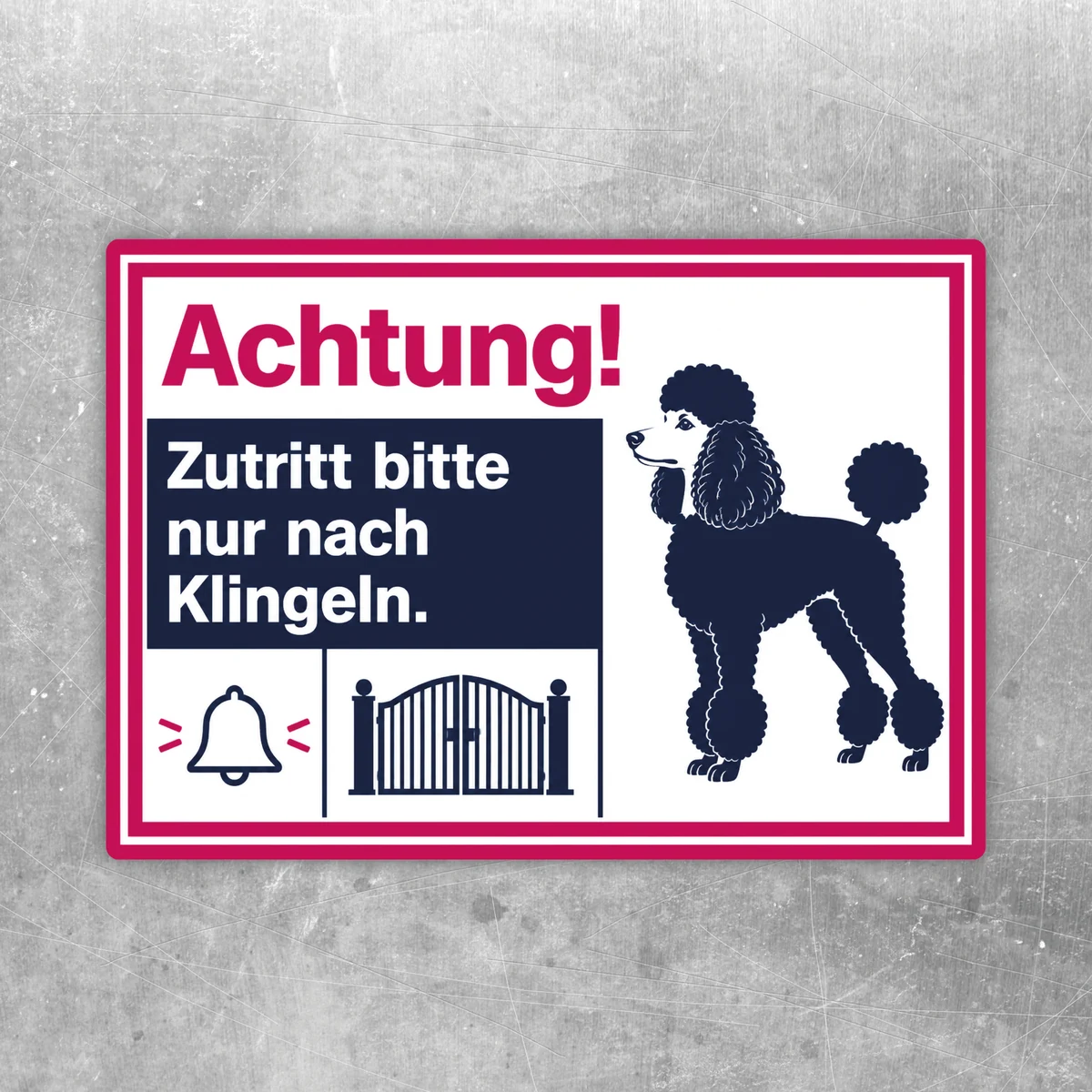 Querformatiger Pudel Aufkleber mit Text Achtung Zutritt bitte nur nach Klingeln in Pink, Weiß und Dunkelblau.