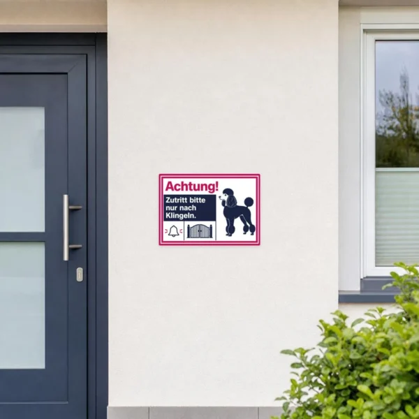 KI-generiertes Anwendungsbeispiel: Pudel Aufkleber Zutritt bitte nur nach Klingeln auf glatter Eingangstür.