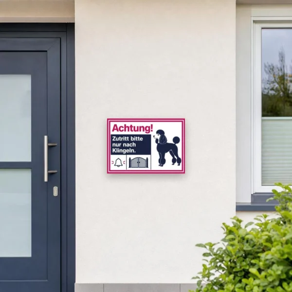 KI-generiertes Anwendungsbeispiel: Pudel-Hundeschild „Achtung! Zutritt bitte nur nach Klingeln.“ an einer Wand.