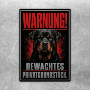Rottweiler Aufkleber mit roter Warnung und Text Bewachtes Privatgrundstück auf dunklem Hochformat-Motiv.