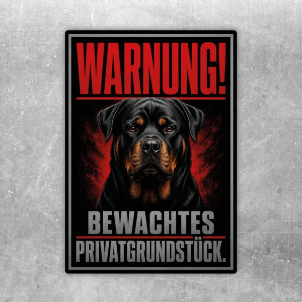 Rottweiler Aufkleber mit roter Warnung und Text Bewachtes Privatgrundstück auf dunklem Hochformat-Motiv.