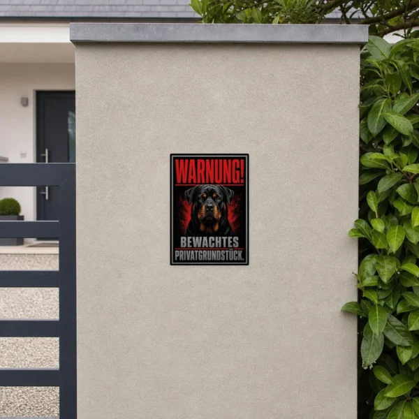 KI-generiertes Anwendungsbeispiel: Rottweiler Aufkleber Warnung Bewachtes Privatgrundstück auf grauer Fläche.