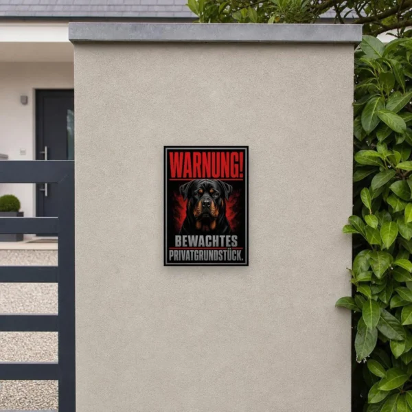 KI-generiertes Anwendungsbeispiel: Rottweiler Warnschild „Warnung! Bewachtes Privatgrundstück.“ an heller Wand montiert.