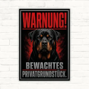 Rottweiler Warnschild mit Text „Warnung! Bewachtes Privatgrundstück.“ als robustes Schild mit rotem Warnmotiv.