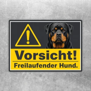 Rottweiler Aufkleber im Querformat mit gelbem Warndreieck und Text Vorsicht! Freilaufender Hund.