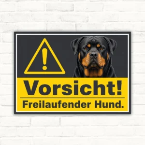 Warnschild Rottweiler „Vorsicht! Freilaufender Hund.“ mit gut lesbarem Motiv und klarer Beschriftung als bedrucktes Schild aus Aluminium-Verbundplatte.