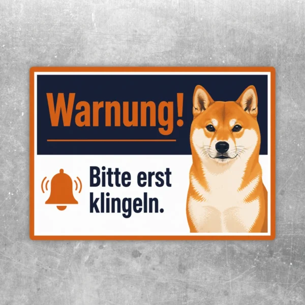 Shiba Inu Aufkleber im Querformat mit Text Warnung und Bitte erst klingeln in Orange, Weiß und Dunkelblau.