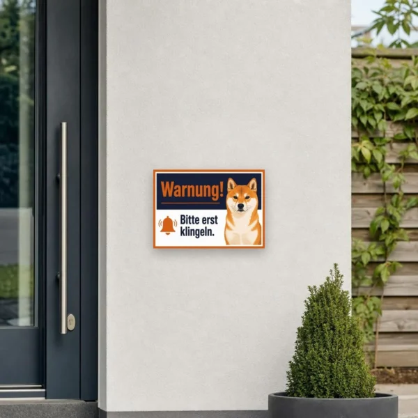 KI-generiertes Anwendungsbeispiel: Hundeschild Shiba Inu „Warnung! Bitte erst klingeln.“ am passenden Einsatzort mit gut sichtbarem Motiv und klarer Beschriftung.