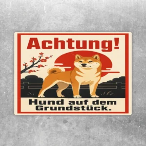 Aufkleber mit Shiba Inu, rotem Achtung-Schriftzug und Text Hund auf dem Grundstück für Eingang oder Tor.