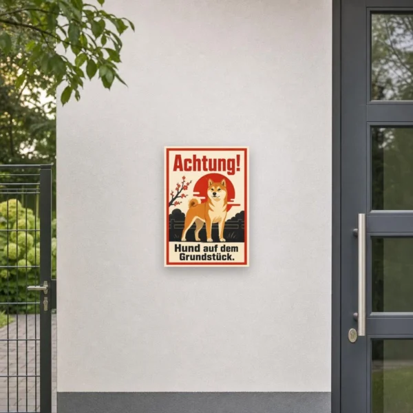KI-generiertes Anwendungsbeispiel: Shiba Inu Hund auf dem Grundstück Schild als Achtung-Warnschild an heller Wand.