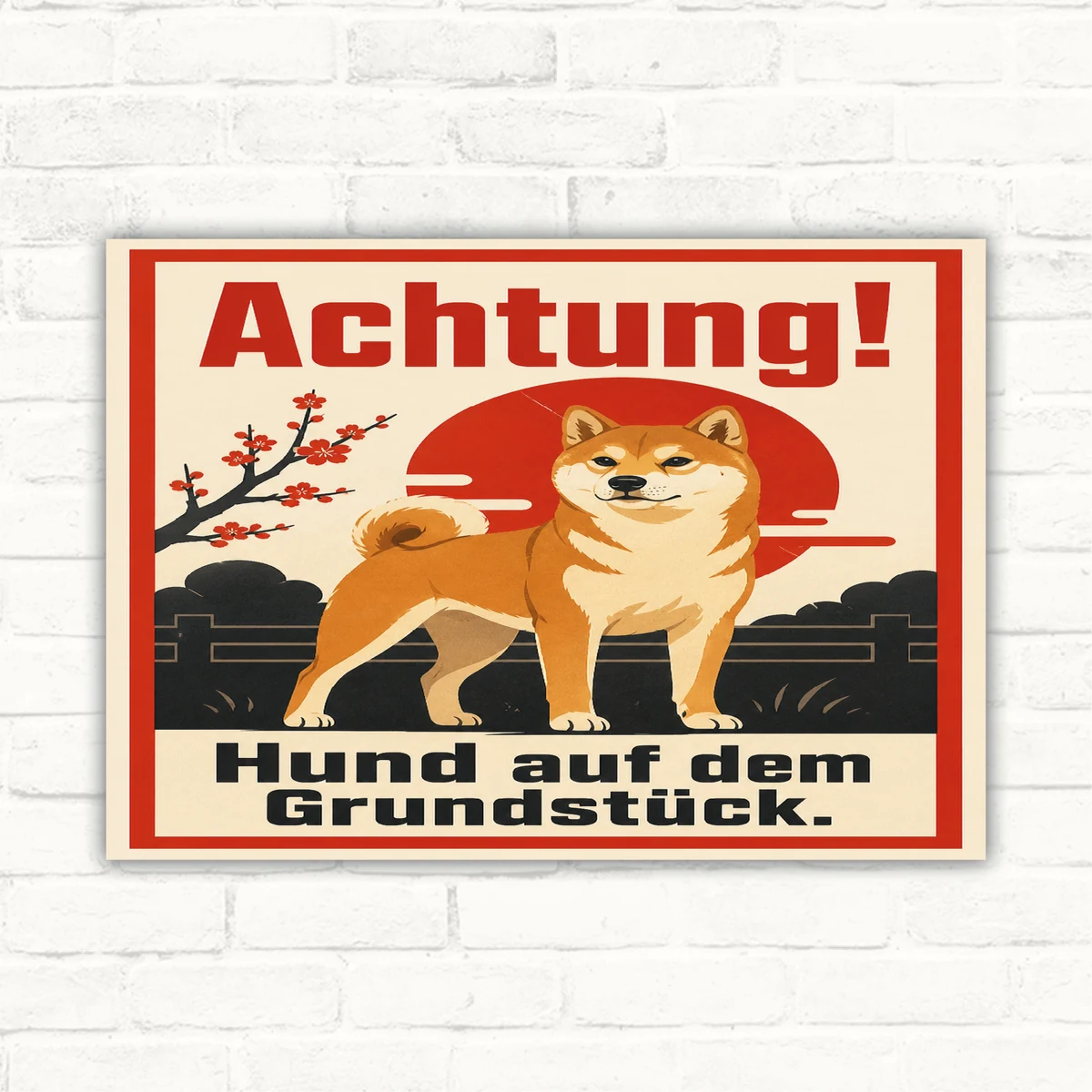 Achtung Hund auf dem Grundstück Schild mit Shiba Inu Illustration, rotem Rahmen und gut lesbarem Warntext.