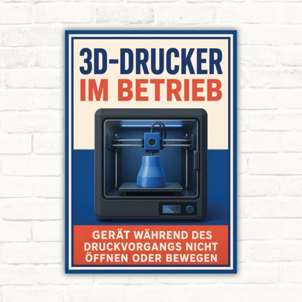 3D-Drucker Schild mit Text „Im Betrieb“ und Hinweis „Gerät während des Druckvorgangs nicht öffnen oder bewegen“.