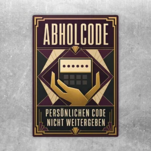 Abholcode Aufkleber mit Text Persönlichen Code nicht weitergeben in Schwarz, Gold, Violett und Beige im Querformat.