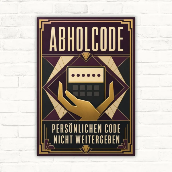 Abholcode Schild mit Wortlaut „Persönlichen Code nicht weitergeben“ in Schwarz, Gold und Violett als Hochformat-Hinweis.
