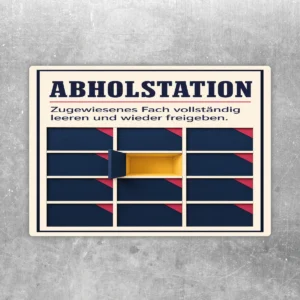 Abholstation Aufkleber mit geöffnetem gelbem Fach und Hinweis zum vollständigen Leeren und Freigeben.