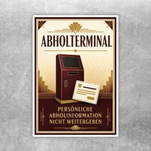 Abholterminal Aufkleber mit Hinweis „Persönliche Abholinformation nicht weitergeben“ in Beige, Braun und Gold.
