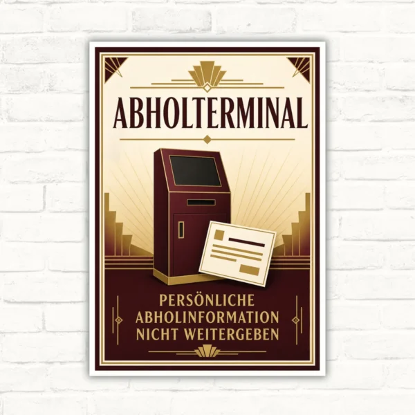 Abholterminal Schild mit Wortlaut „Persönliche Abholinformation nicht weitergeben“ im Retro-Design auf Verbundplatte.
