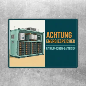 Achtung Energiespeicher Lithium-Ionen-Batterien Aufkleber im Querformat mit Batteriespeicher-Illustration und Warntext.