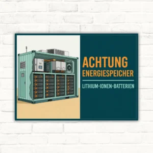 Achtung Energiespeicher Schild Lithium-Ionen-Batterien Querformat mit gut lesbarem Motiv und klarer Beschriftung als bedrucktes Schild aus Aluminium-Verbundplatte.