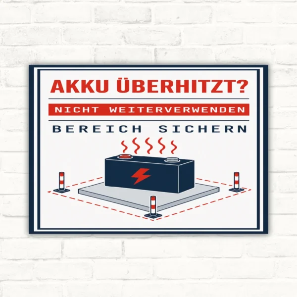 Warnschild mit Text „Akku überhitzt? Nicht weiterverwenden Bereich sichern“ und Akku mit Hitzewellen.