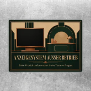 Querformatiger Aufkleber Anzeigesystem außer Betrieb in Grün, Kupfer und Beige mit Hinweis auf Produktinformation beim Team.