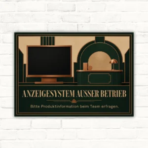Querformatiges Schild mit Text „Anzeigesystem ausser Betrieb“ und Hinweis „Bitte Produktinformation beim Team erfragen“.