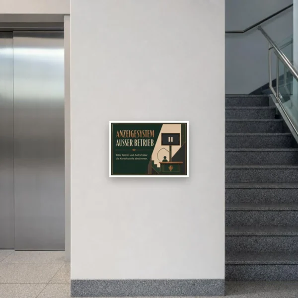 KI-generiertes Anwendungsbeispiel: Anzeigesystem außer Betrieb Schild als Hinweis im Wartebereich mit Kontaktstelle.