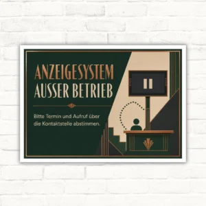 Querformatiges Anzeigesystem außer Betrieb Schild mit Text zu Termin, Aufruf und Kontaktstelle auf grünem Design.