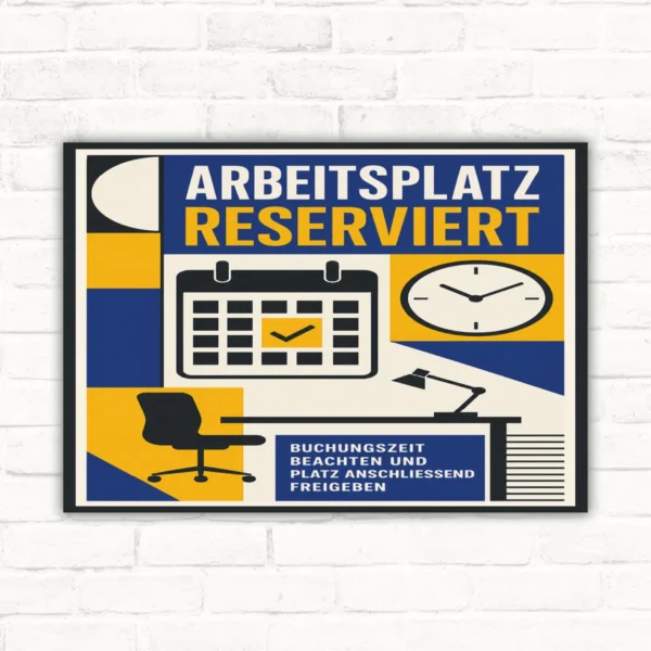 Arbeitsplatz reserviert Schild mit Text „Buchungszeit beachten und Platz anschließend freigeben“ für Desk Sharing im Büro.