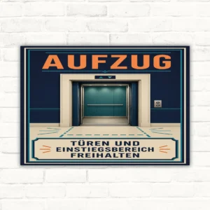 Aufzug freihalten Schild mit Wortlaut „Türen und Einstiegsbereich freihalten“ und grafischem Liftmotiv.