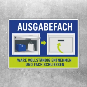Ausgabefach Aufkleber mit Text Ware vollständig entnehmen und Fach schließen, blau-gelbes Querformat mit Piktogrammen.