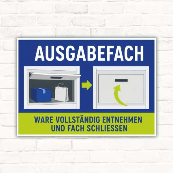 Ausgabefach Schild Ware vollständig entnehmen und Fach schließen mit gut lesbarem Motiv und klarer Beschriftung als bedrucktes Schild aus Aluminium-Verbundplatte.