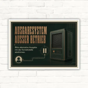 Ausgabesystem außer Betrieb Schild – alternative Ausgabe mit Kontaktstelle abstimmen mit gut lesbarem Motiv und klarer Beschriftung als bedrucktes Schild aus Aluminium-Verbundplatte.