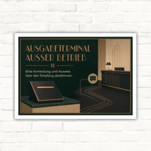 Ausgabeterminal außer Betrieb Schild – Anmeldung und Ausweis über Empfang abstimmen mit gut lesbarem Motiv und klarer Beschriftung als bedrucktes Schild aus Aluminium-Verbundplatte.