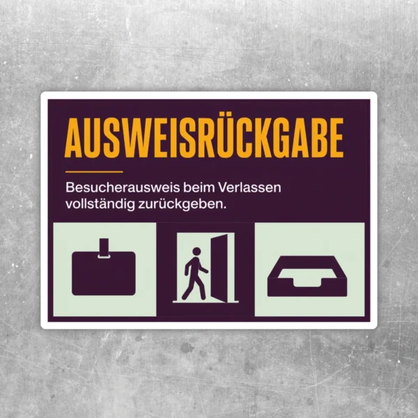 Besucherausweis zurückgeben Aufkleber im Querformat mit gelbem Text und Piktogrammen zur Ausweisrückgabe.
