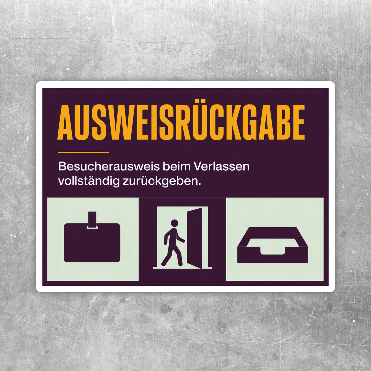 Besucherausweis zurückgeben Aufkleber im Querformat mit gelbem Text und Piktogrammen zur Ausweisrückgabe.