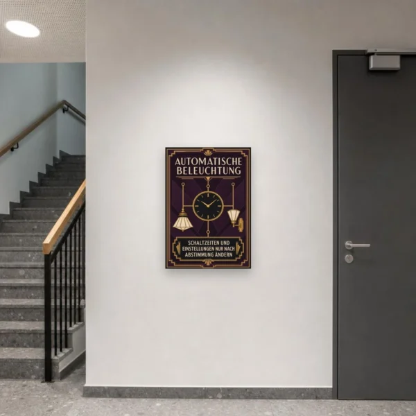 KI-generiertes Anwendungsbeispiel: Automatische Beleuchtung Schild an Wand, Hinweis zu Schaltzeiten und Einstellungen nur nach Abstimmung.