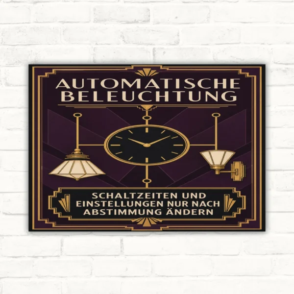 Automatische Beleuchtung Schild mit Wortlaut zu Schaltzeiten und Einstellungen, dekoratives Hinweisschild in Schwarz und Gold.