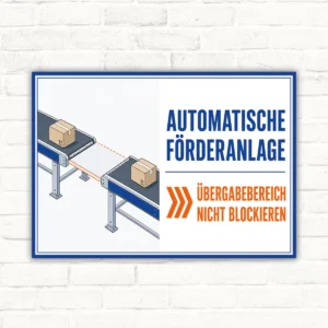 Automatische Förderanlage Schild mit Förderband-Grafik und Wortlaut „Übergabebereich nicht blockieren“ im Querformat.